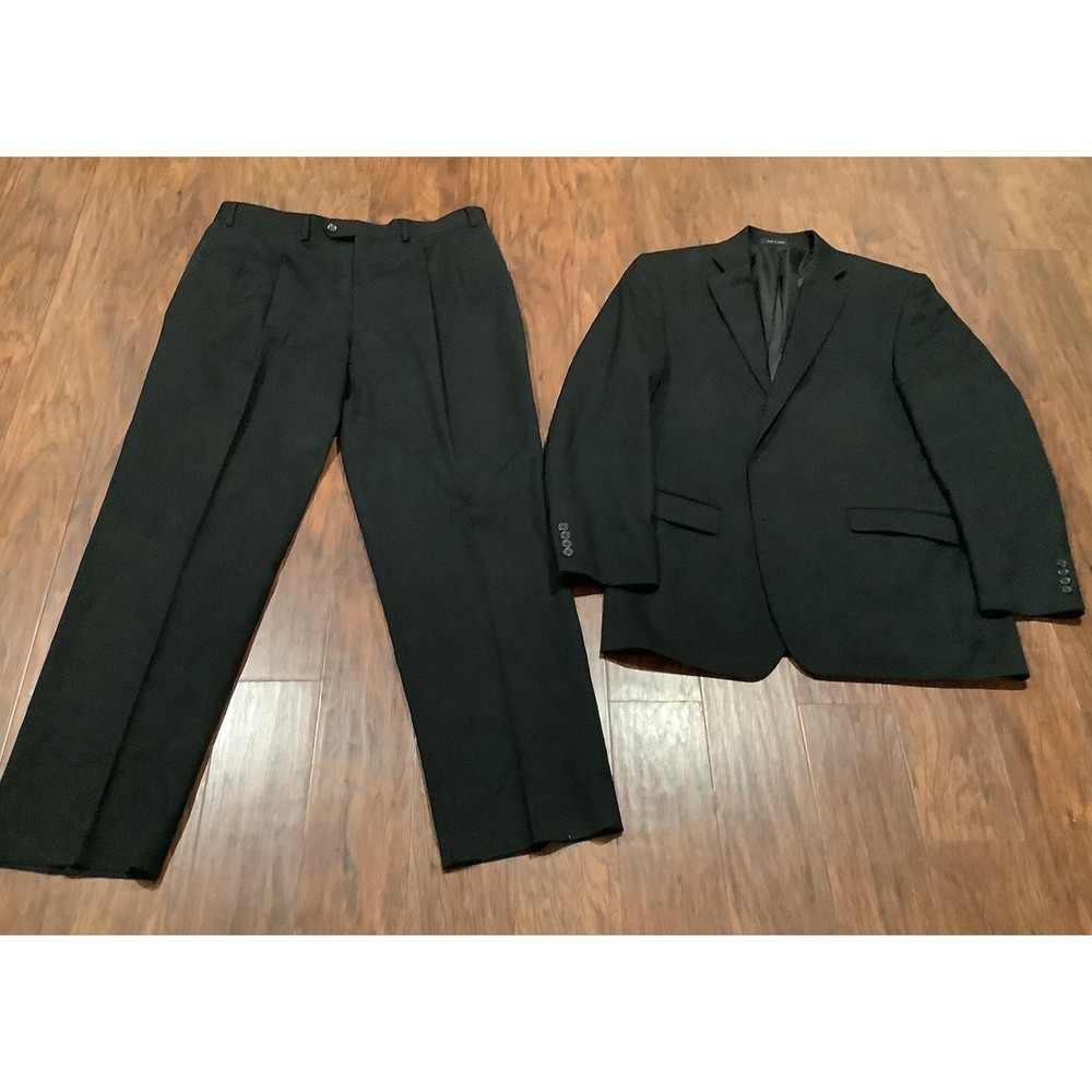 Suit Chaps Men Black Wool Blazer 44L Pants 38x32